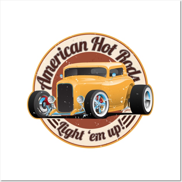 American Hot Rods Light 'Em Up Vintage Car Illustration Wall Art by hobrath